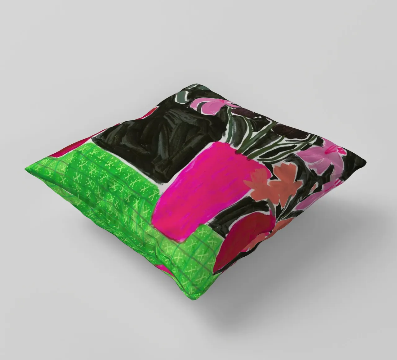 Flowers In Vases On Patterned Tablecloth cuscino da Sonia Brittain