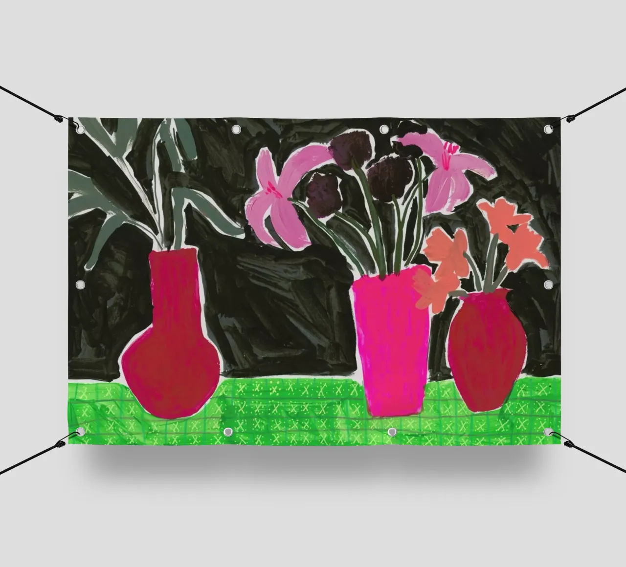 Flowers In Vases On Patterned Tablecloth telo in pvc da Sonia Brittain