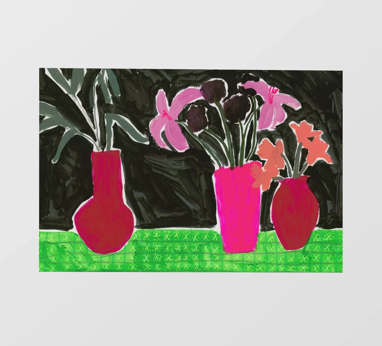 Flowers In Vases On Patterned Tablecloth telo in pvc da Sonia Brittain