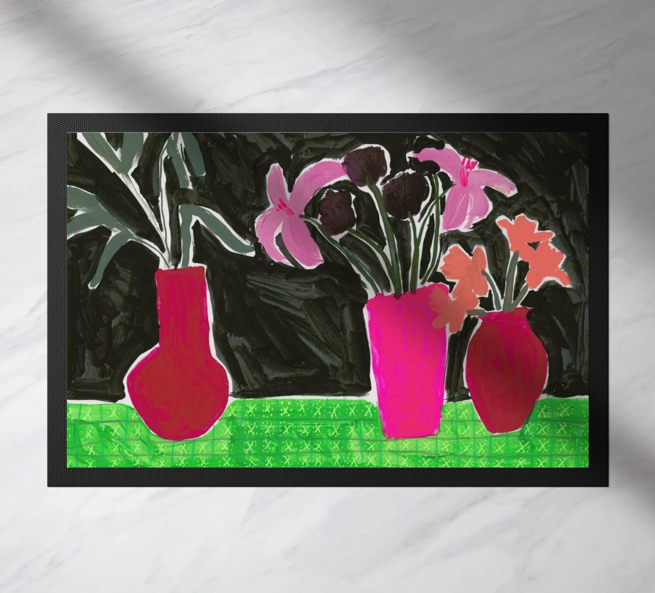 Flowers In Vases On Patterned Tablecloth doormat by Sonia Brittain