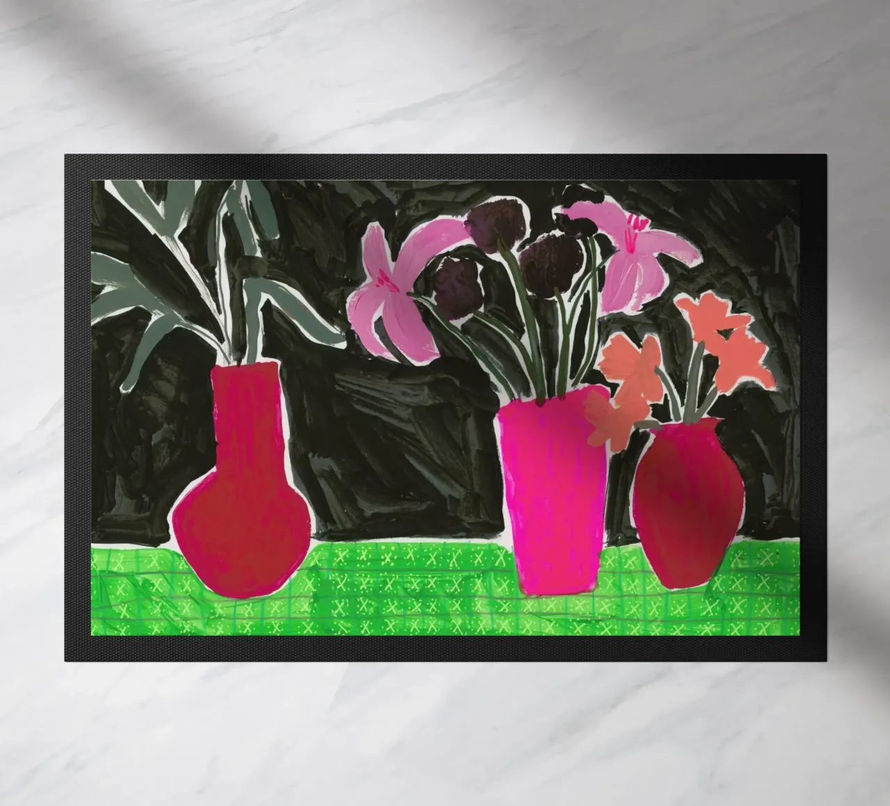 Flowers In Vases On Patterned Tablecloth zerbino da Sonia Brittain