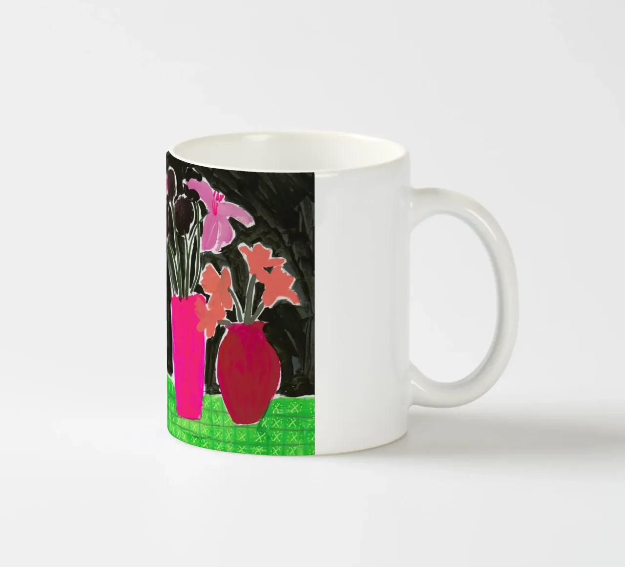 Flowers In Vases On Patterned Tablecloth Keramik Tasse von Sonia Brittain