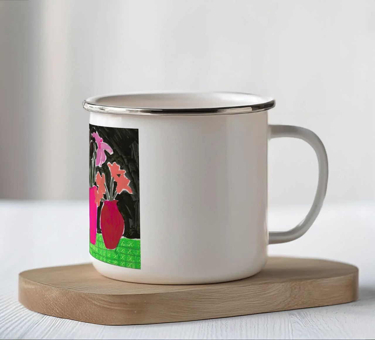 Flowers In Vases On Patterned Tablecloth enamel mug by Sonia Brittain