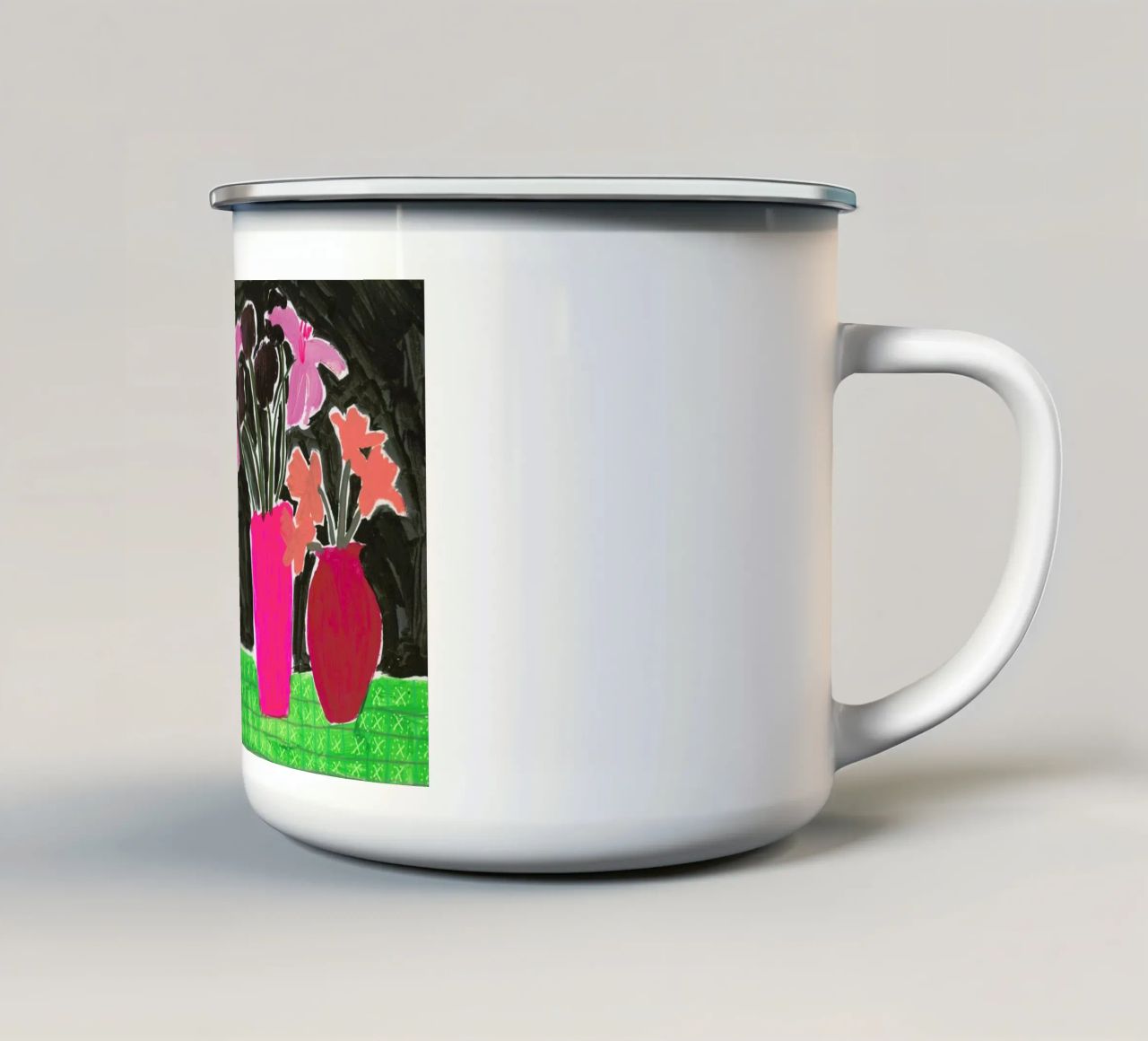 Flowers In Vases On Patterned Tablecloth enamel mug by Sonia Brittain