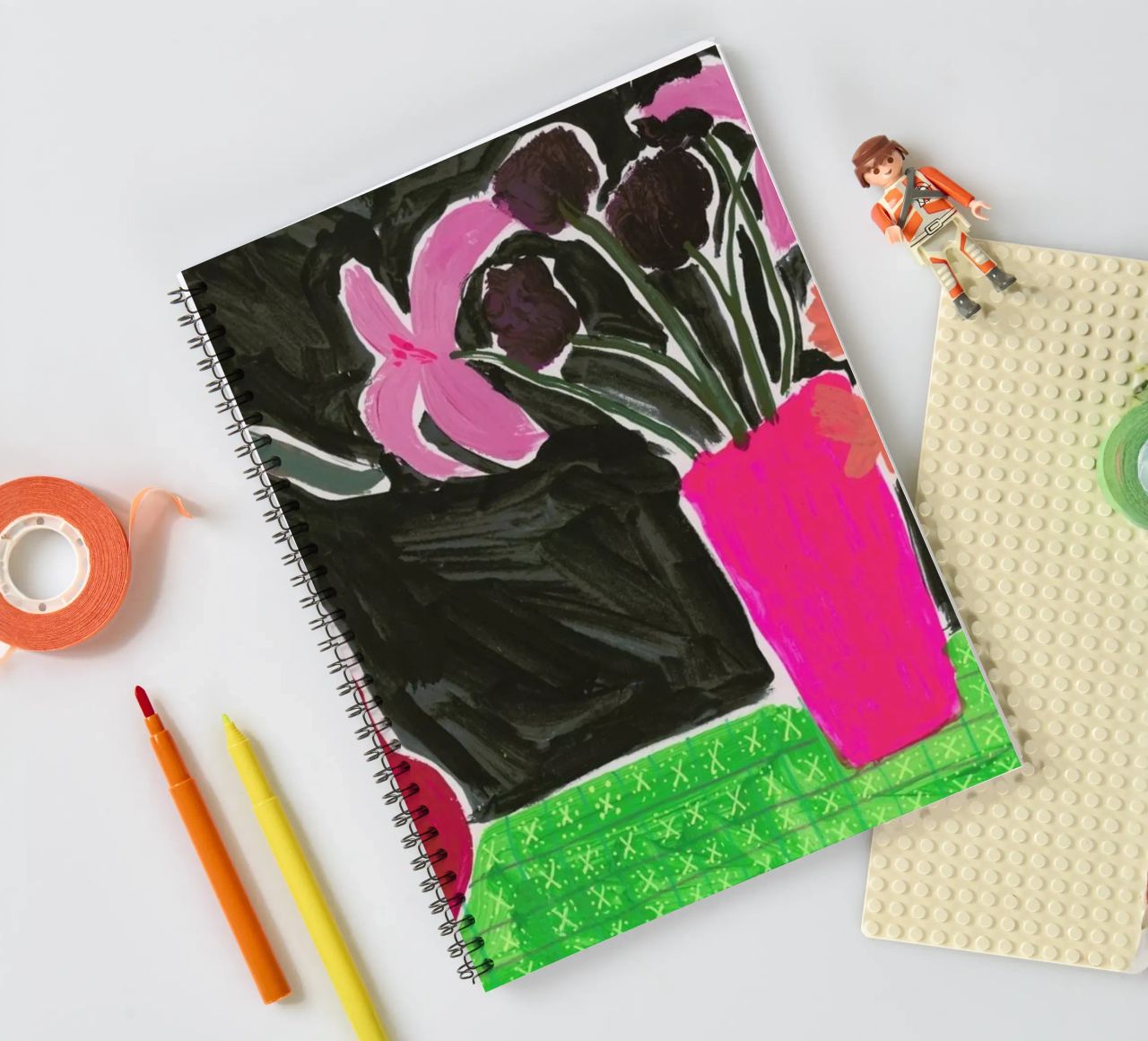 Flowers In Vases On Patterned Tablecloth spiral notebook by Sonia Brittain