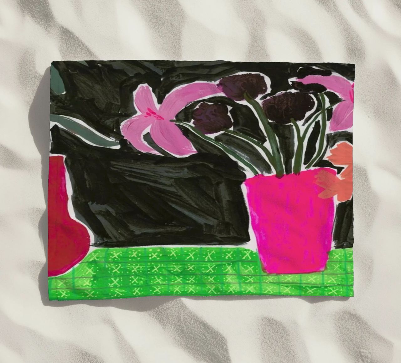 Flowers In Vases On Patterned Tablecloth beach towel by Sonia Brittain