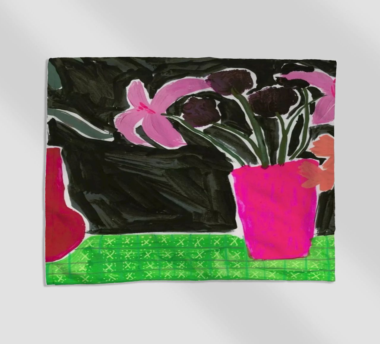 Flowers In Vases On Patterned Tablecloth beach towel by Sonia Brittain