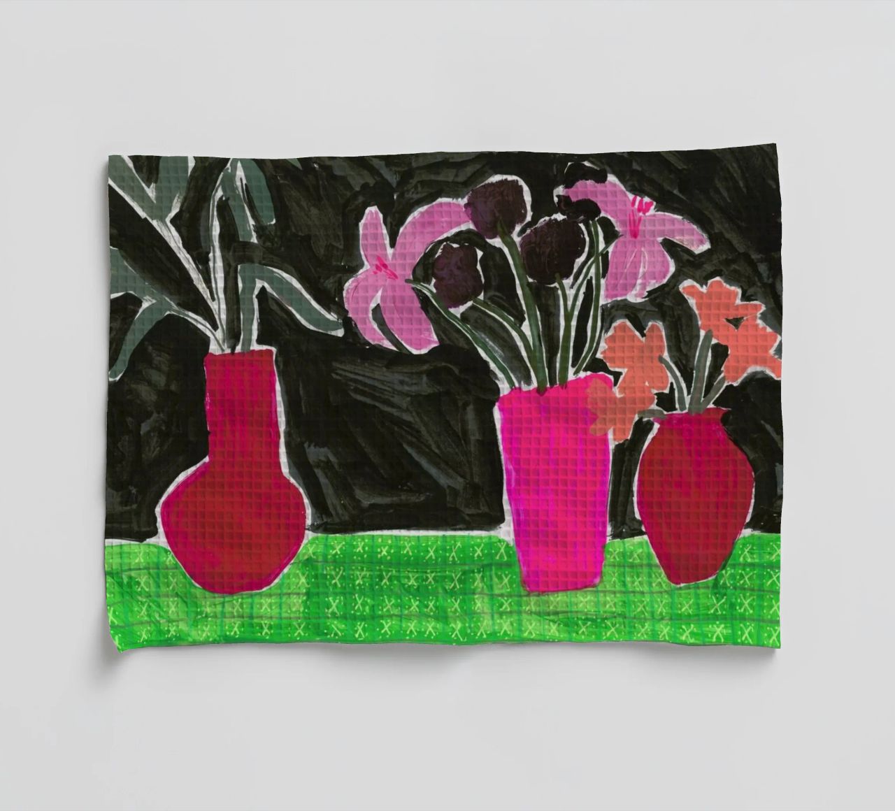 Flowers In Vases On Patterned Tablecloth tea towel by Sonia Brittain