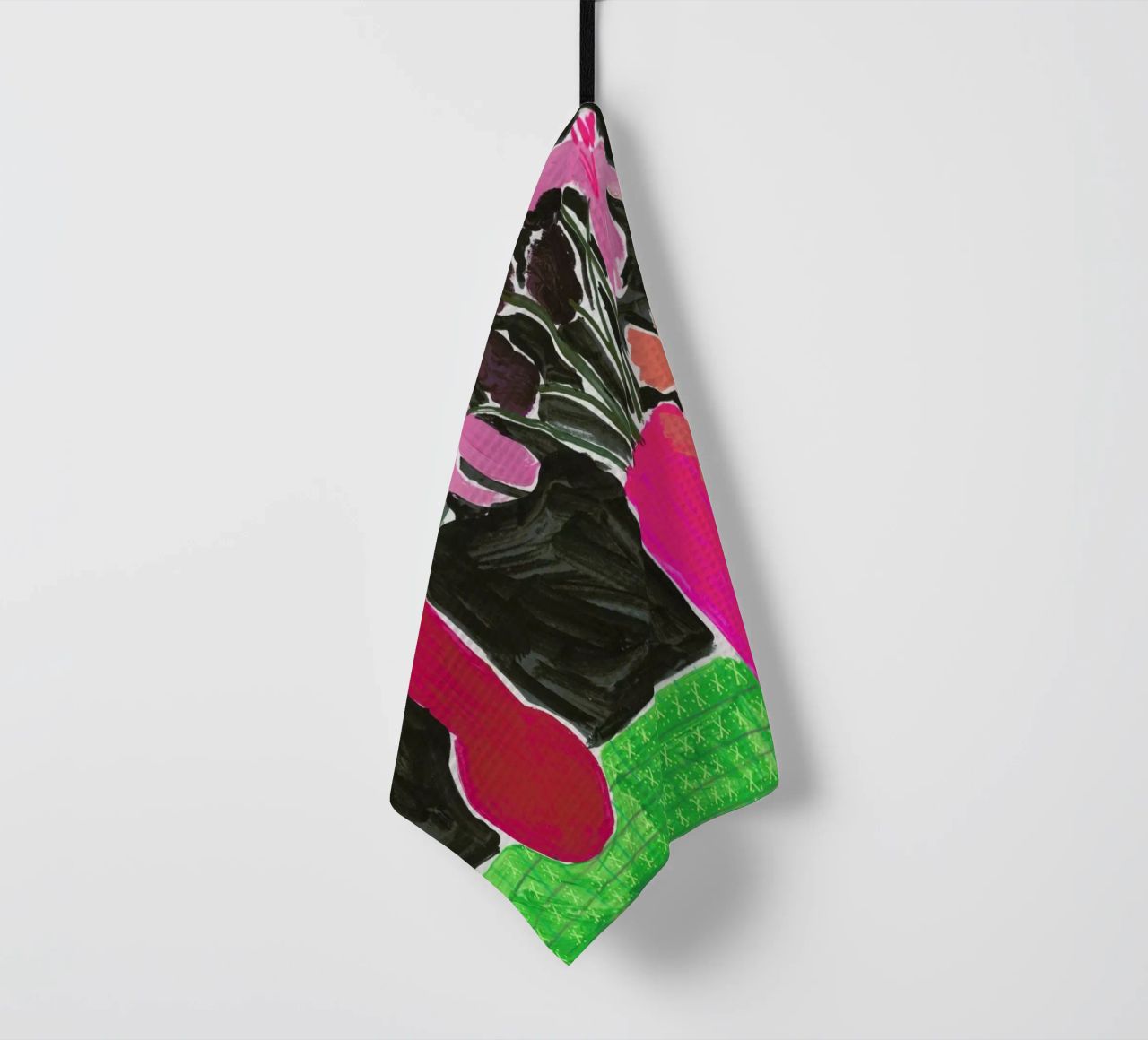 Flowers In Vases On Patterned Tablecloth tea towel by Sonia Brittain
