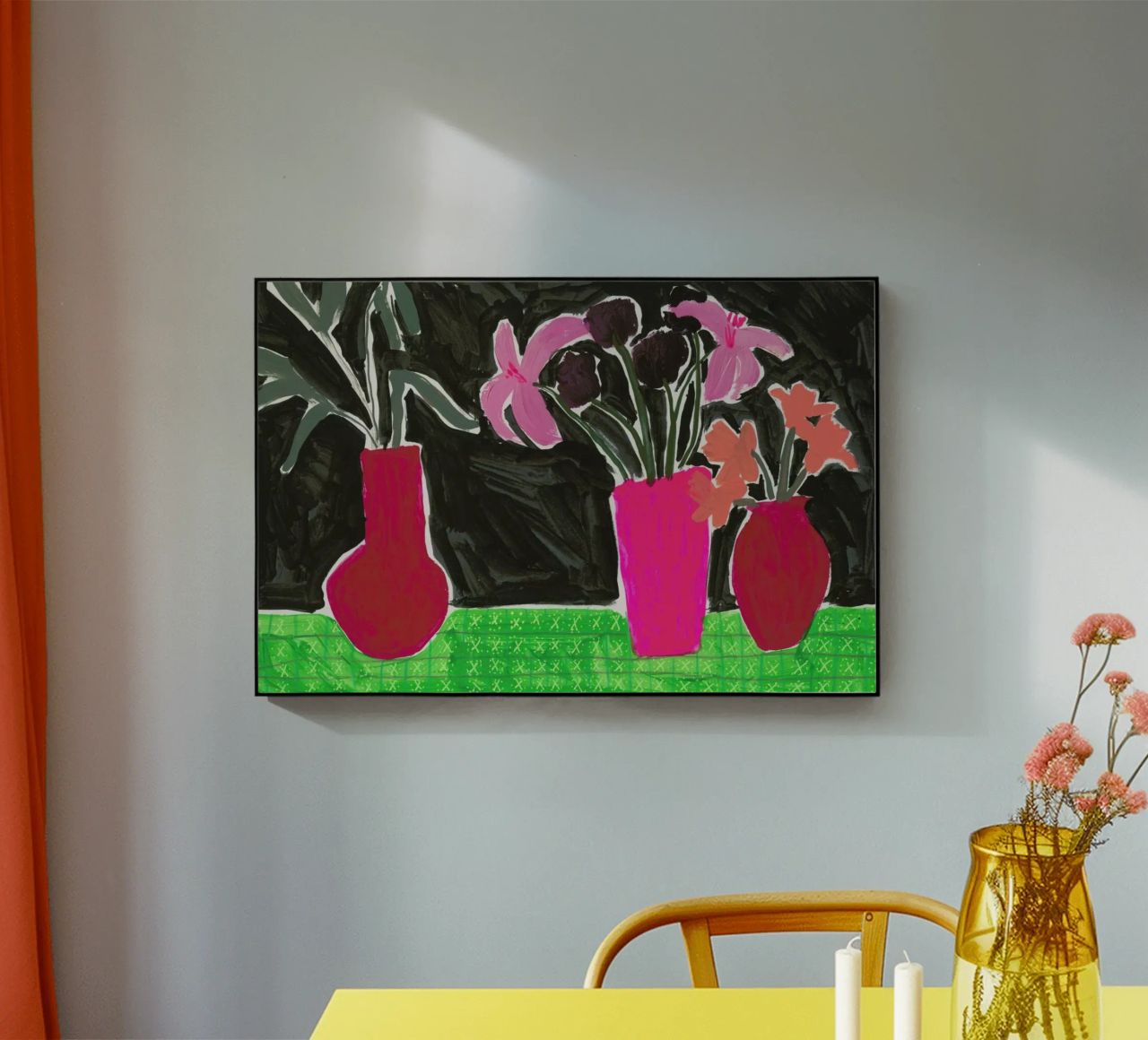 Flowers In Vases On Patterned Tablecloth plexiglass da Sonia Brittain