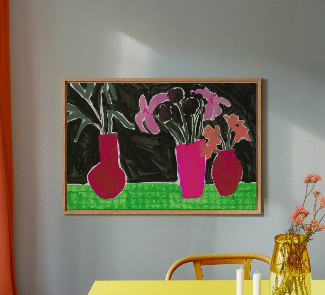 Flowers In Vases On Patterned Tablecloth alu-dibond by Sonia Brittain