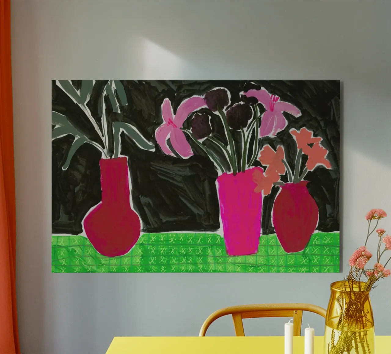 Flowers In Vases On Patterned Tablecloth pannello forex da Sonia Brittain