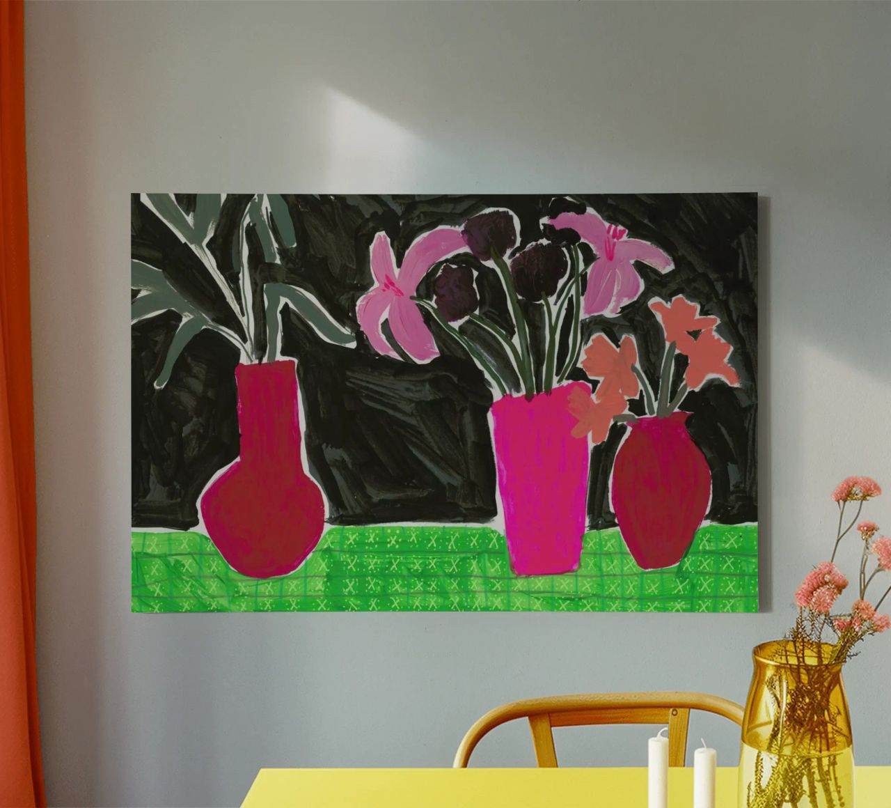 Flowers In Vases On Patterned Tablecloth canvas by Sonia Brittain