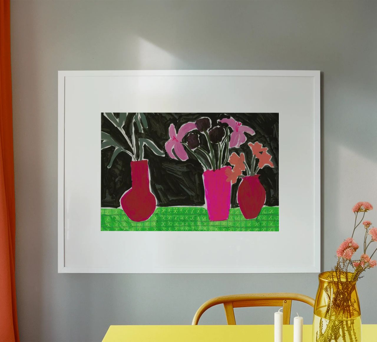 Flowers In Vases On Patterned Tablecloth poster by Sonia Brittain