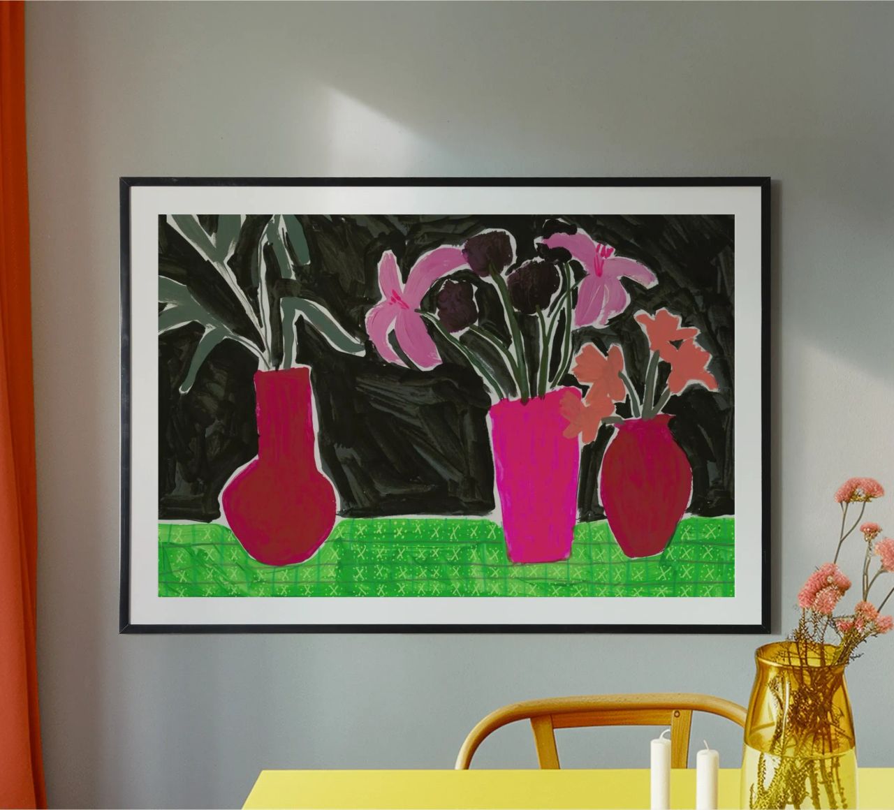 Flowers In Vases On Patterned Tablecloth poster by Sonia Brittain