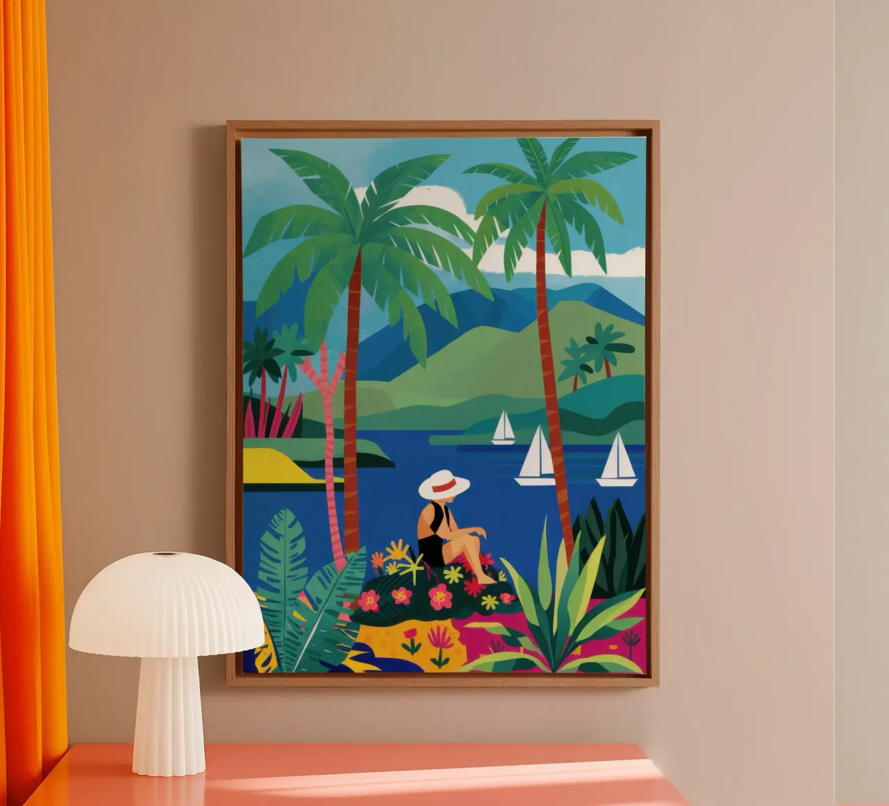 Sailboats and Palm Trees canvas with Floater frame by Sentinel Glow