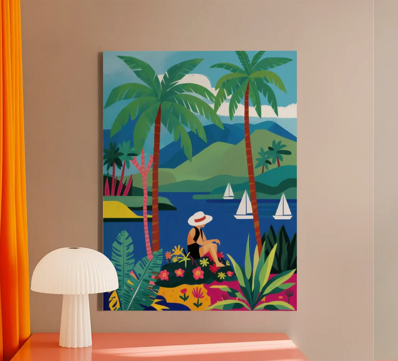 Sailboats and Palm Trees canvas with Floater frame by Sentinel Glow
