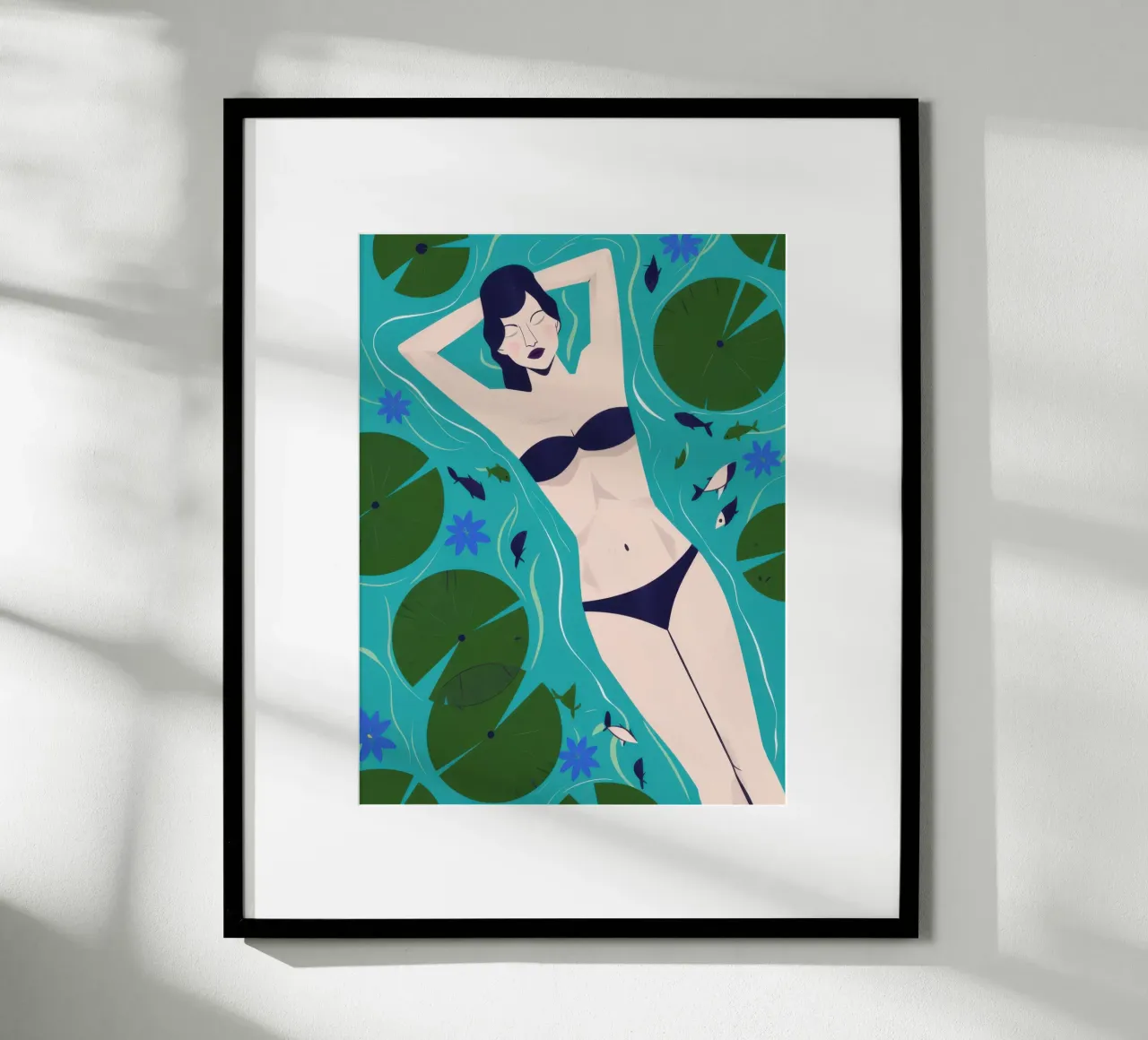 Bikini Girl Lily Pads poster con telaio in plastica da Marigold Tiga