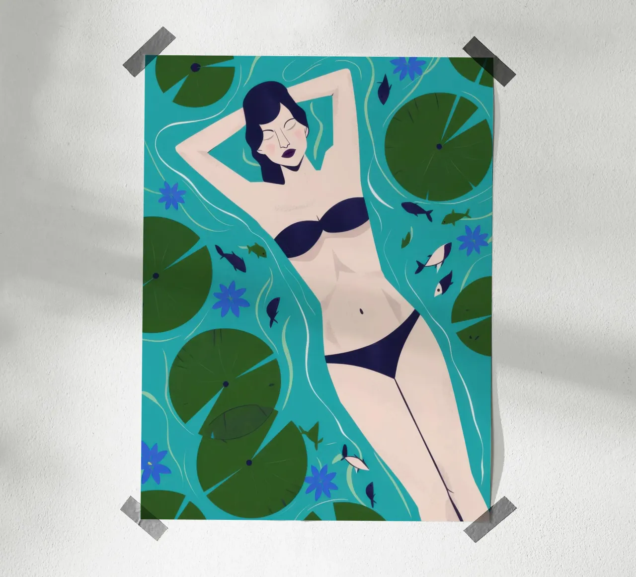 Bikini Girl Lily Pads poster con telaio in plastica da Marigold Tiga