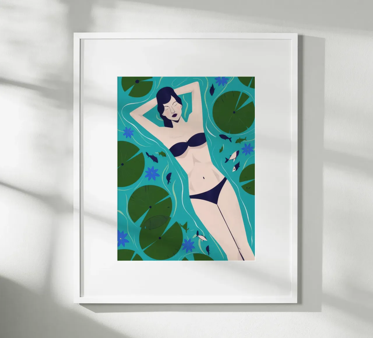 Bikini Girl Lily Pads poster con telaio in plastica da Marigold Tiga