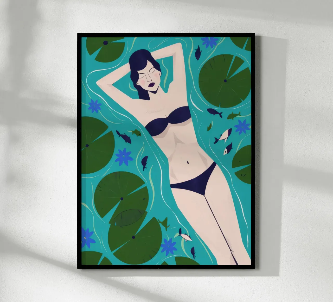 Bikini Girl Lily Pads poster con telaio in plastica da Marigold Tiga