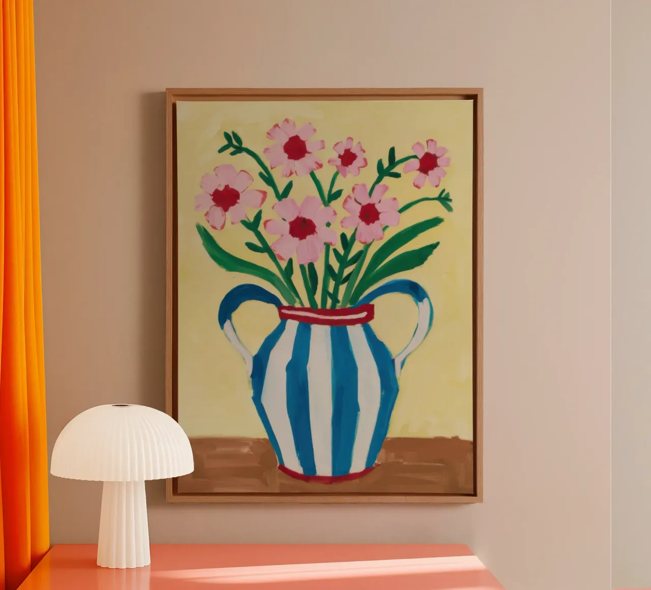 Vaso a righe Bouquet rosa tela con Cornice a cassetta da Pale Aura