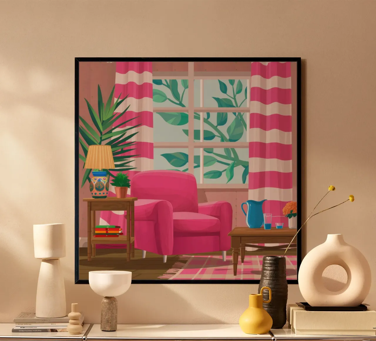 Poltrona rosa Parete a righe poster da Marigold Tiga