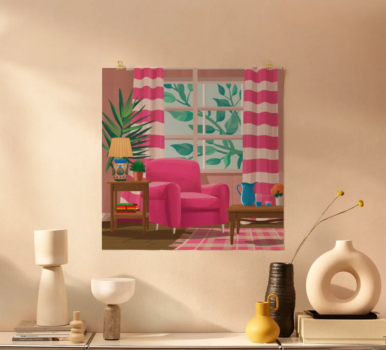 Poltrona rosa Parete a righe poster da Marigold Tiga