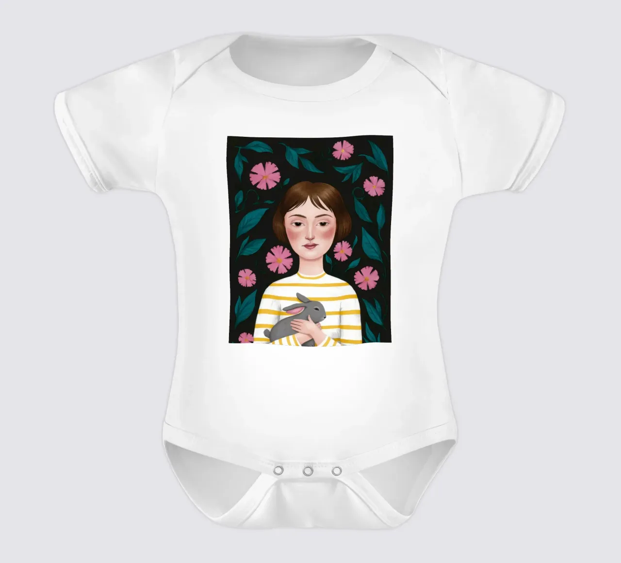 Donna con gatto e fiori body neonato maniche corte da Marigold Tiga