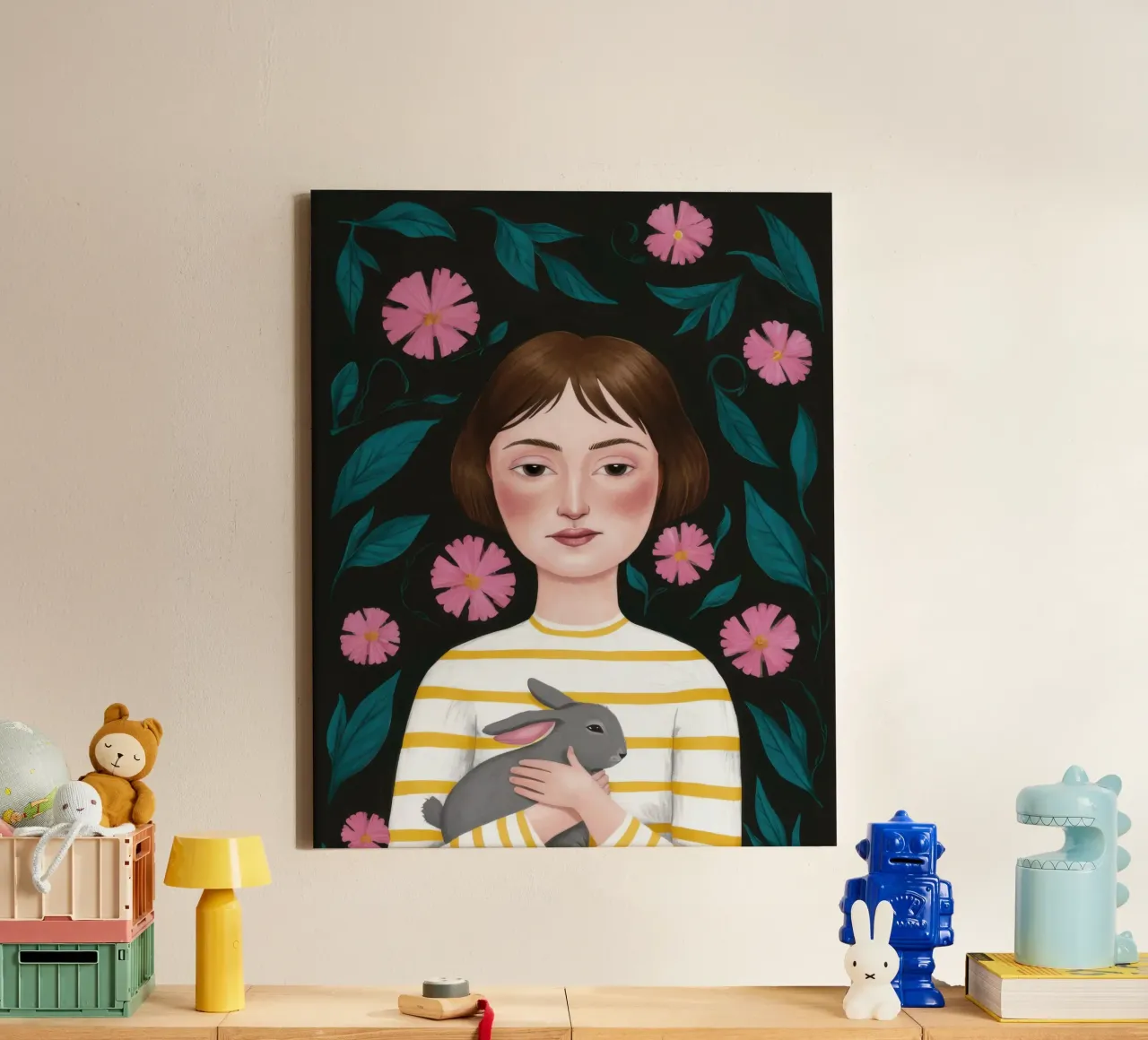 Donna con gatto e fiori tela con Cornice a cassetta da Marigold Tiga