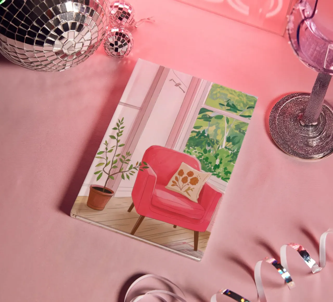 Pink Chair Window Bird notebook by Pale Aura