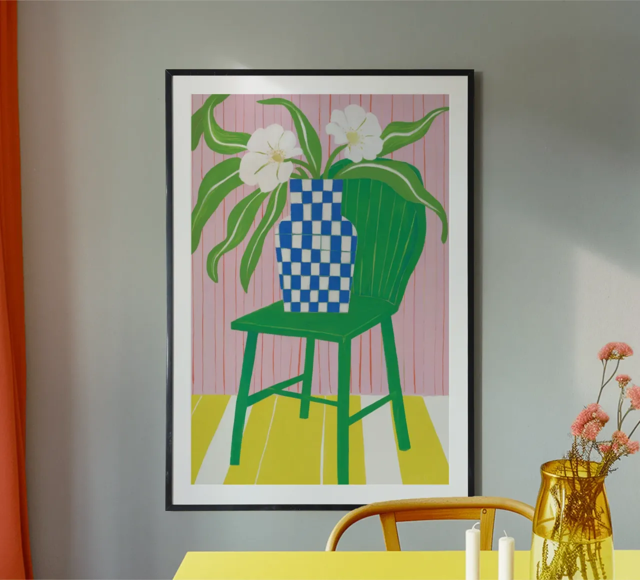 Sedia verde Gigli bianchi poster con telaio in alluminio da Sentinel Glow