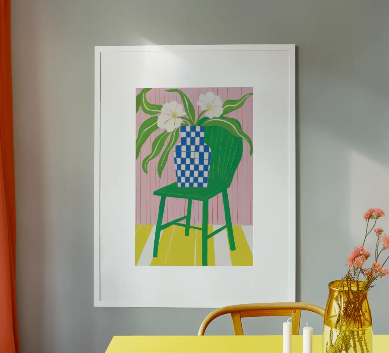 Sedia verde Gigli bianchi poster con telaio in alluminio da Sentinel Glow