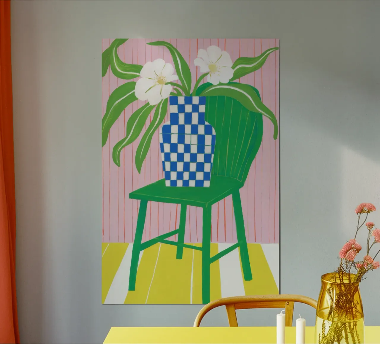 Sedia verde Gigli bianchi poster con telaio in alluminio da Sentinel Glow