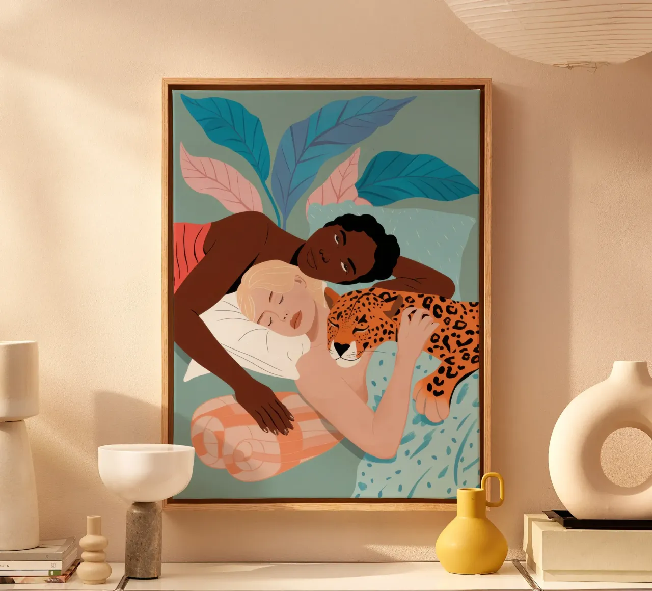 Luipaard en minnaar omhelzen elkaar canvas met Baklijst van Pale Aura