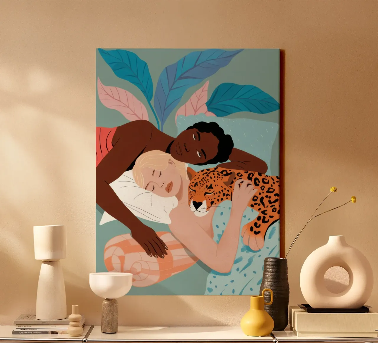 Luipaard en minnaar omhelzen elkaar canvas met Baklijst van Pale Aura
