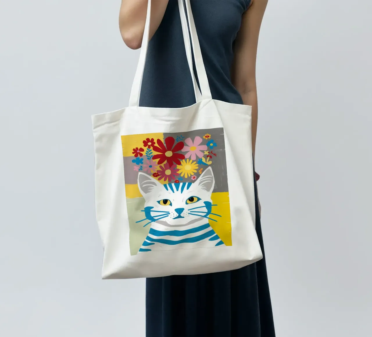 Gatto a righe Fiori gialli borsa in juta da Sentinel Glow