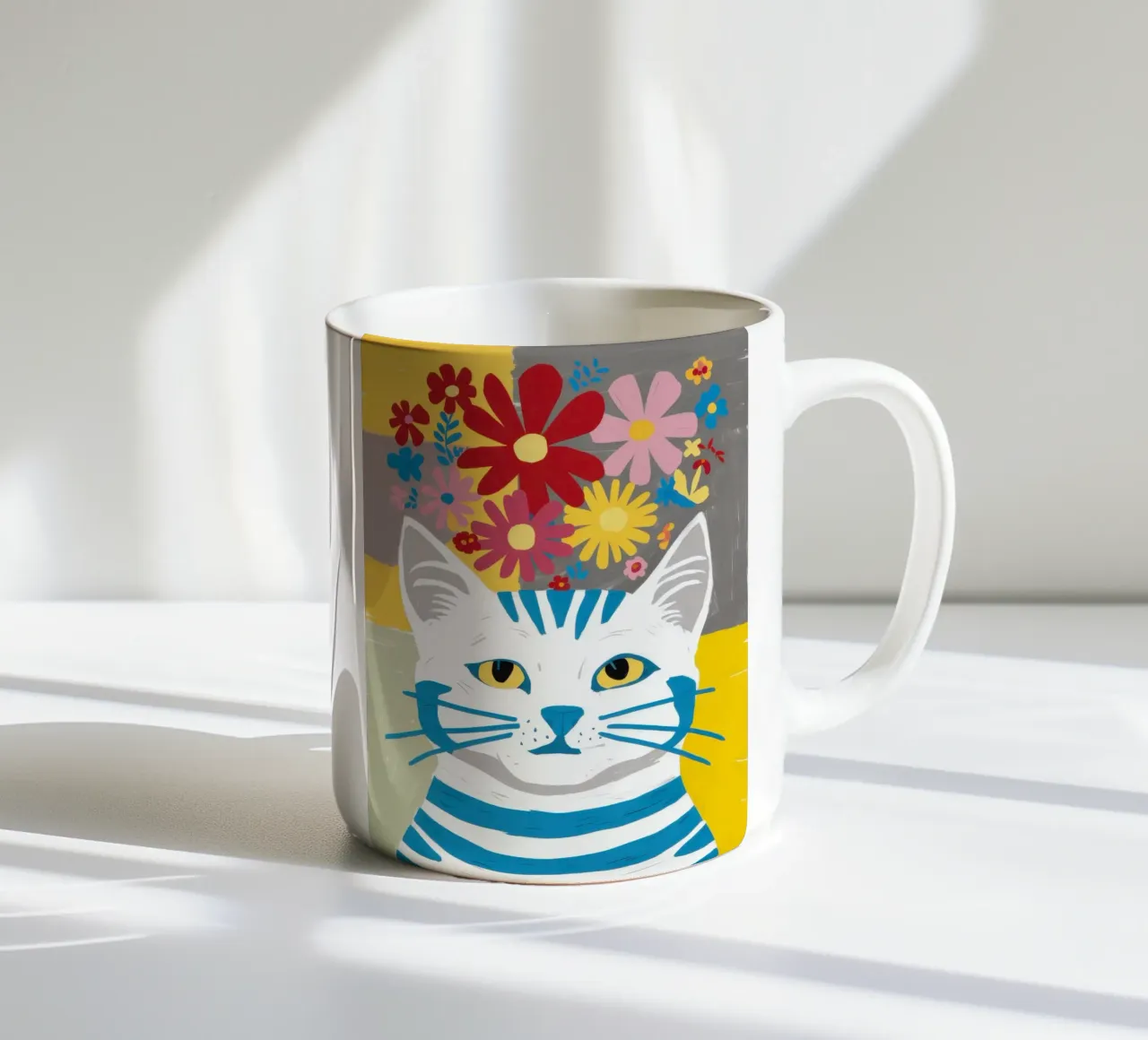 Gatto a righe Fiori gialli tazza in ceramica da Sentinel Glow