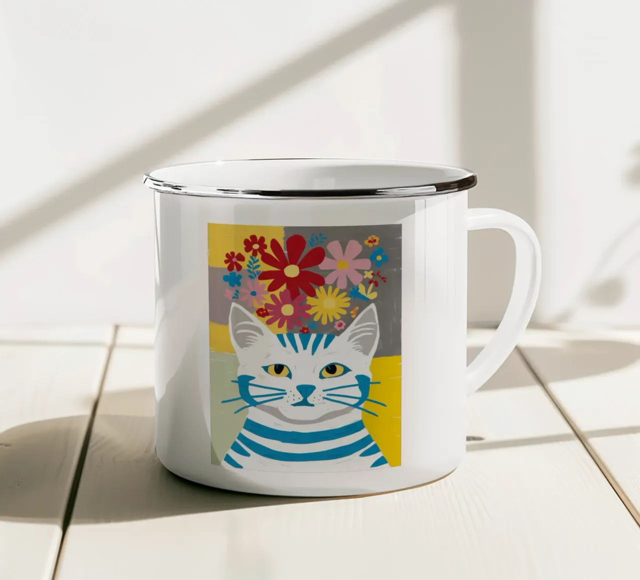 Gatto a righe Fiori gialli tazza in smalto da Sentinel Glow