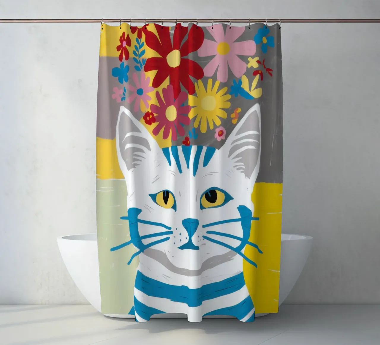 Gatto a righe Fiori gialli tenda da doccia da Sentinel Glow