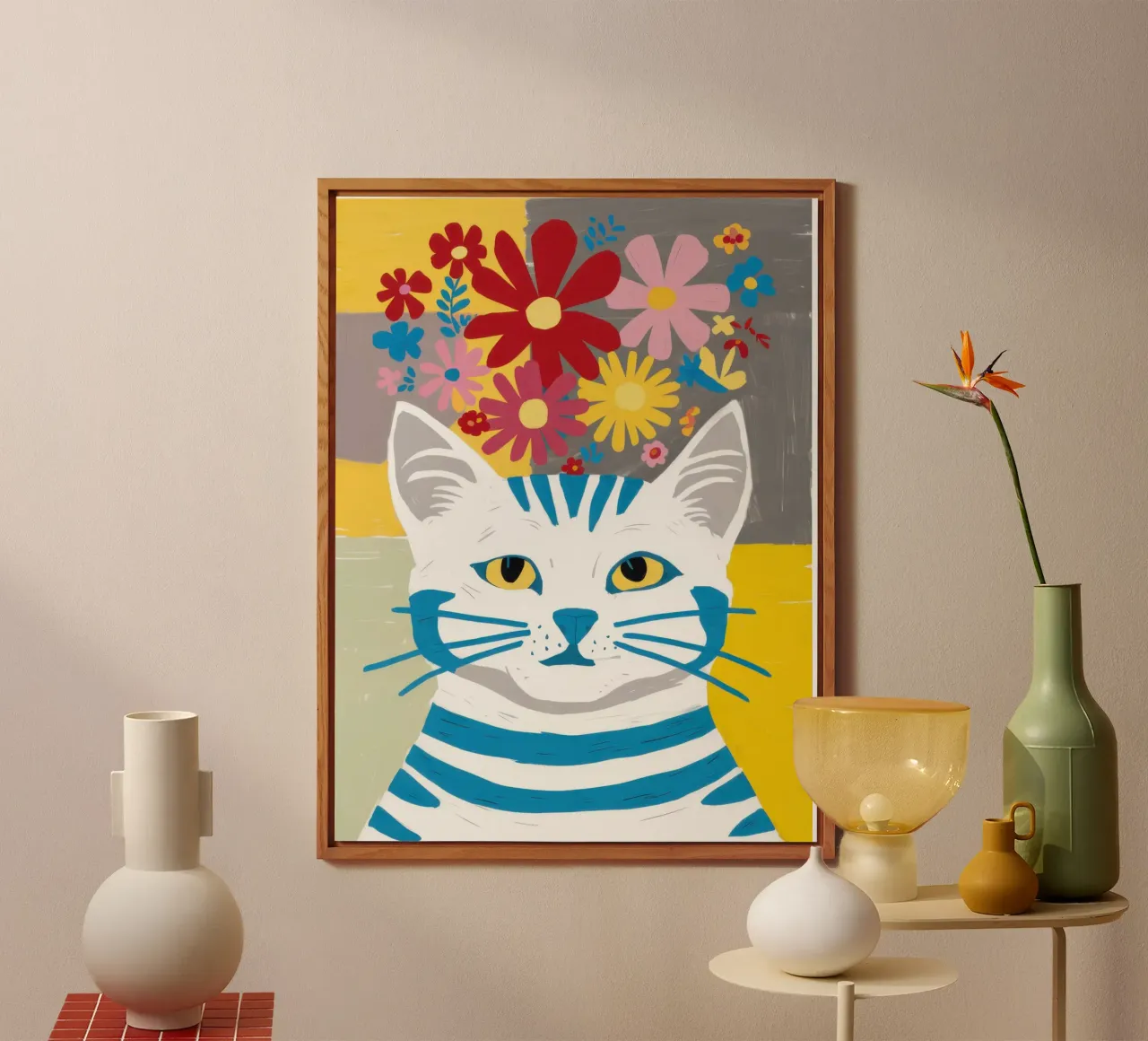 Gatto a righe Fiori gialli alluminio dibond da Sentinel Glow