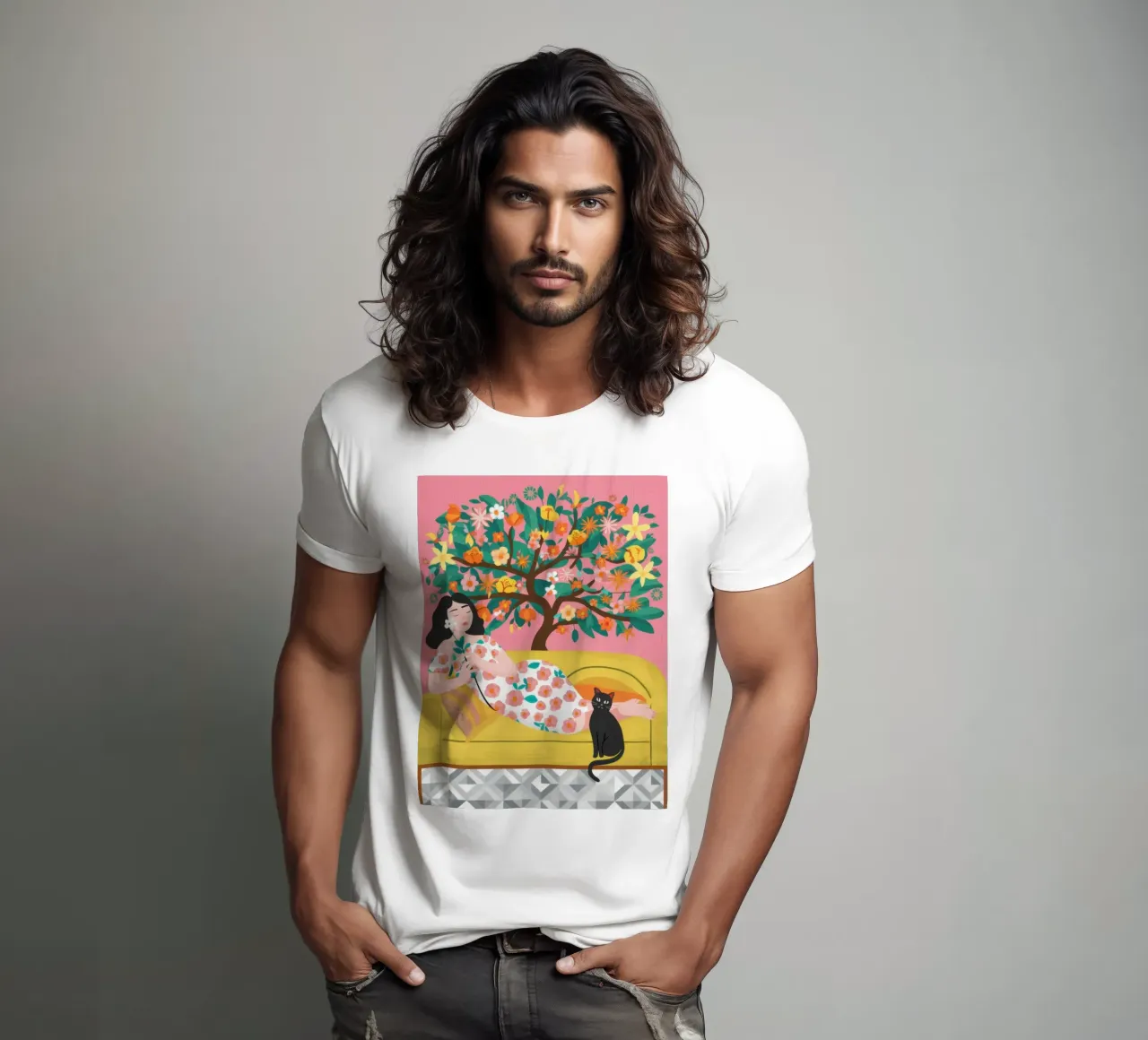 Sonnellino del gatto sull'albero d'arancio t-shirt da Marigold Tiga