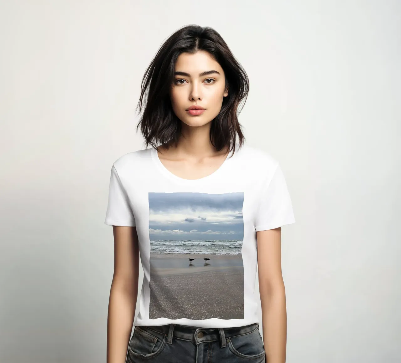 Stormy Skies and Shoreline Gulls at Matosinhos Beach in Port women's fitted t-shirt by byrieneke