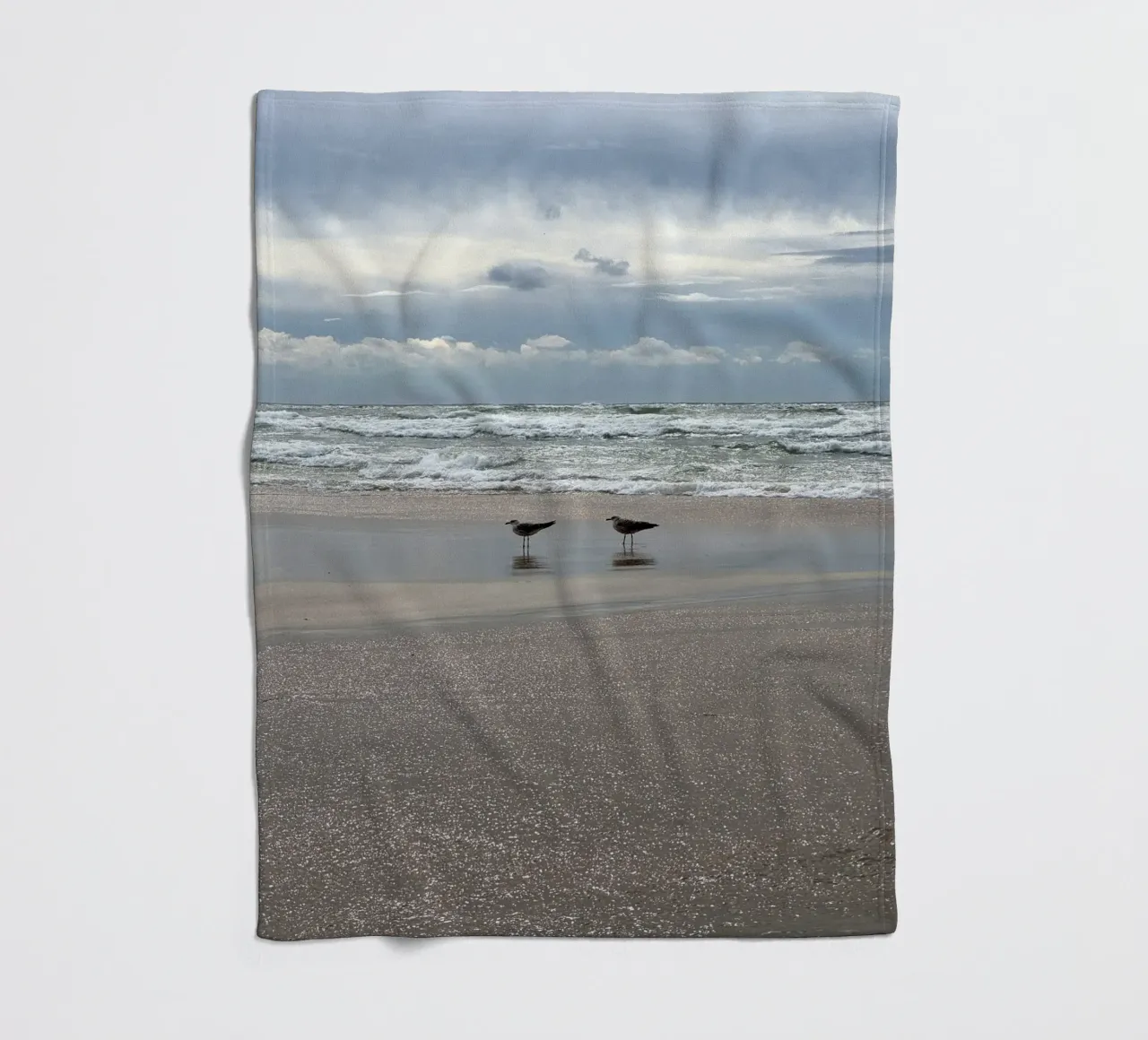 Cielo tempestoso e gabbiani di terra sulla spiaggia di Matosinhos a Porto coperta in pile da byrieneke