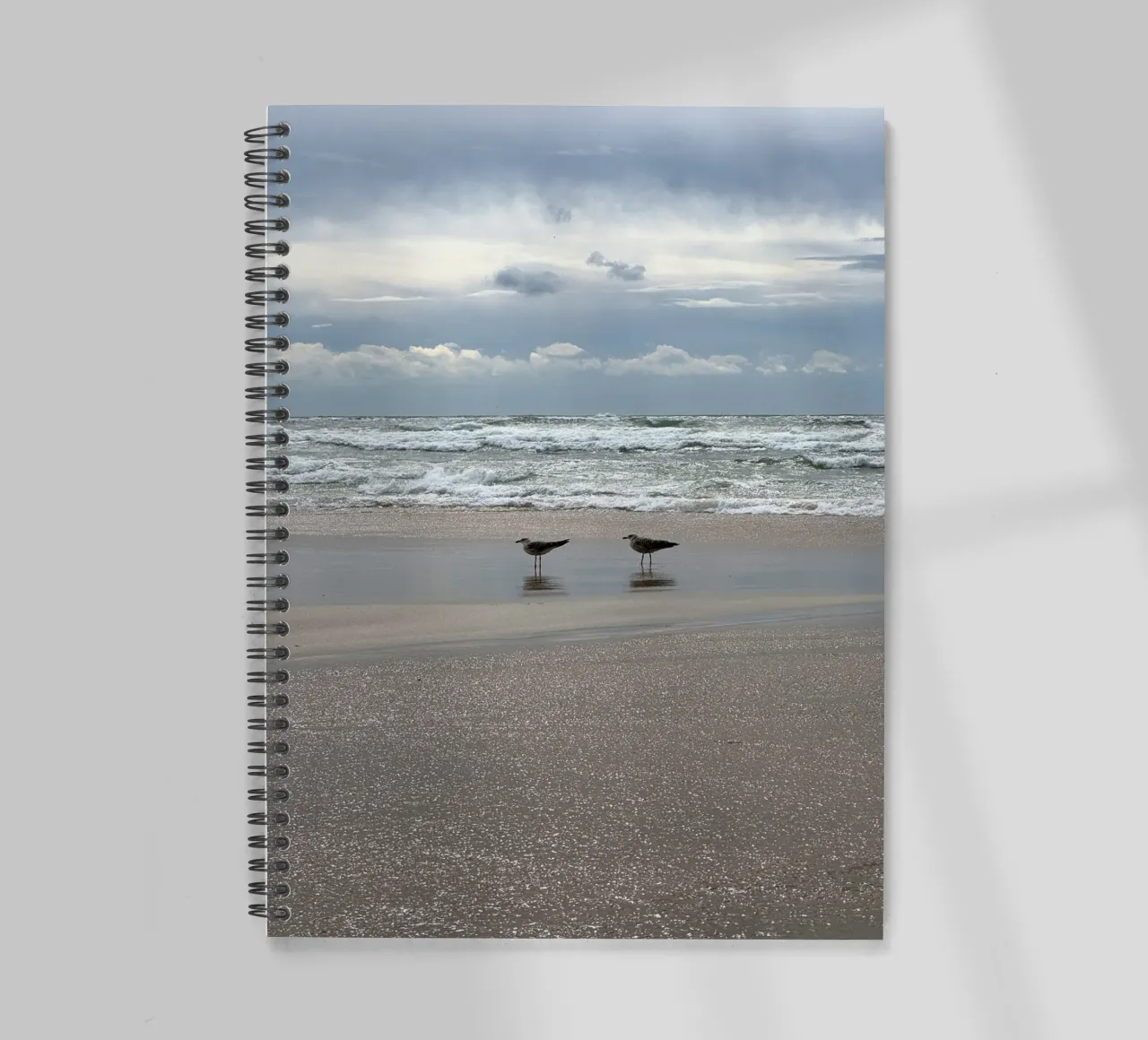 Stormy Skies and Shoreline Gulls at Matosinhos Beach in Port spiral notebook by byrieneke