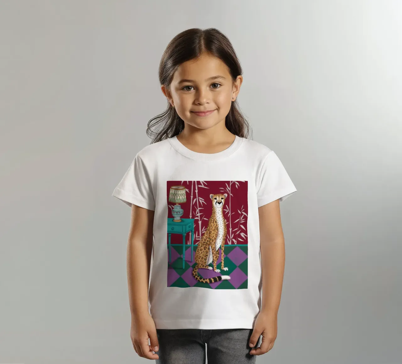 Cheetah on Checkered Rug kids t-shirt by Pale Aura