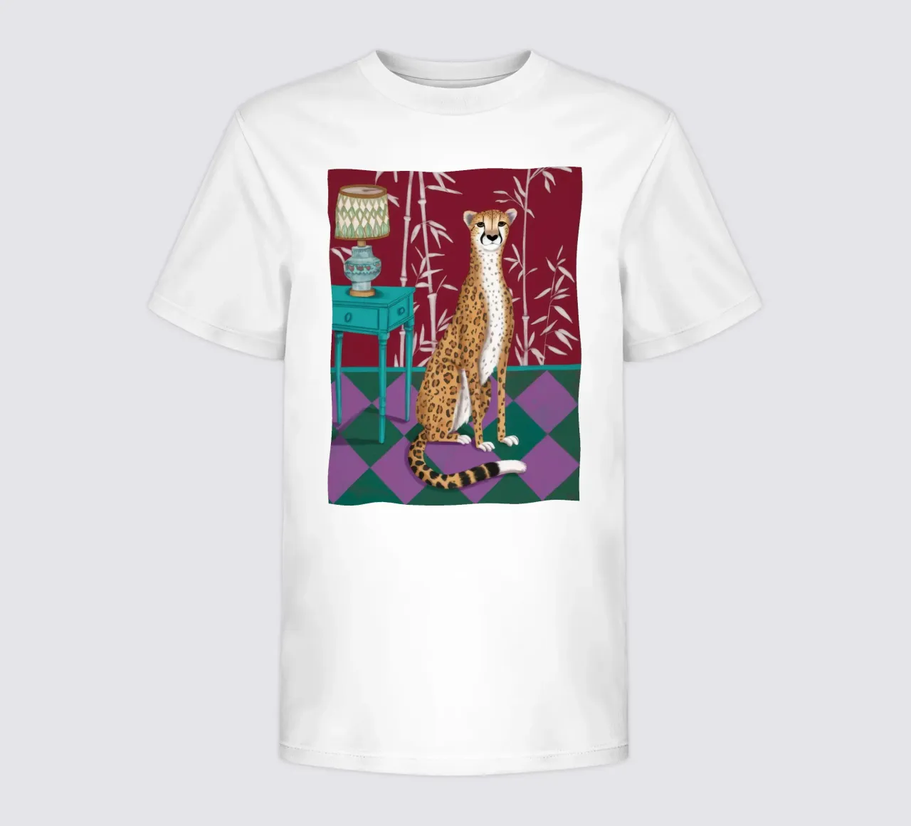 Cheetah on Checkered Rug kids t-shirt by Pale Aura