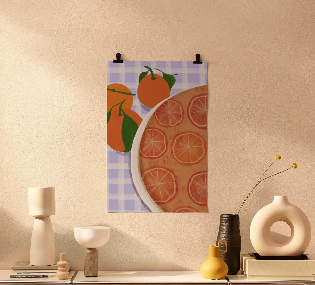 Orange Cake On Blue Tablecloth poster con telaio in plastica da Be Mart