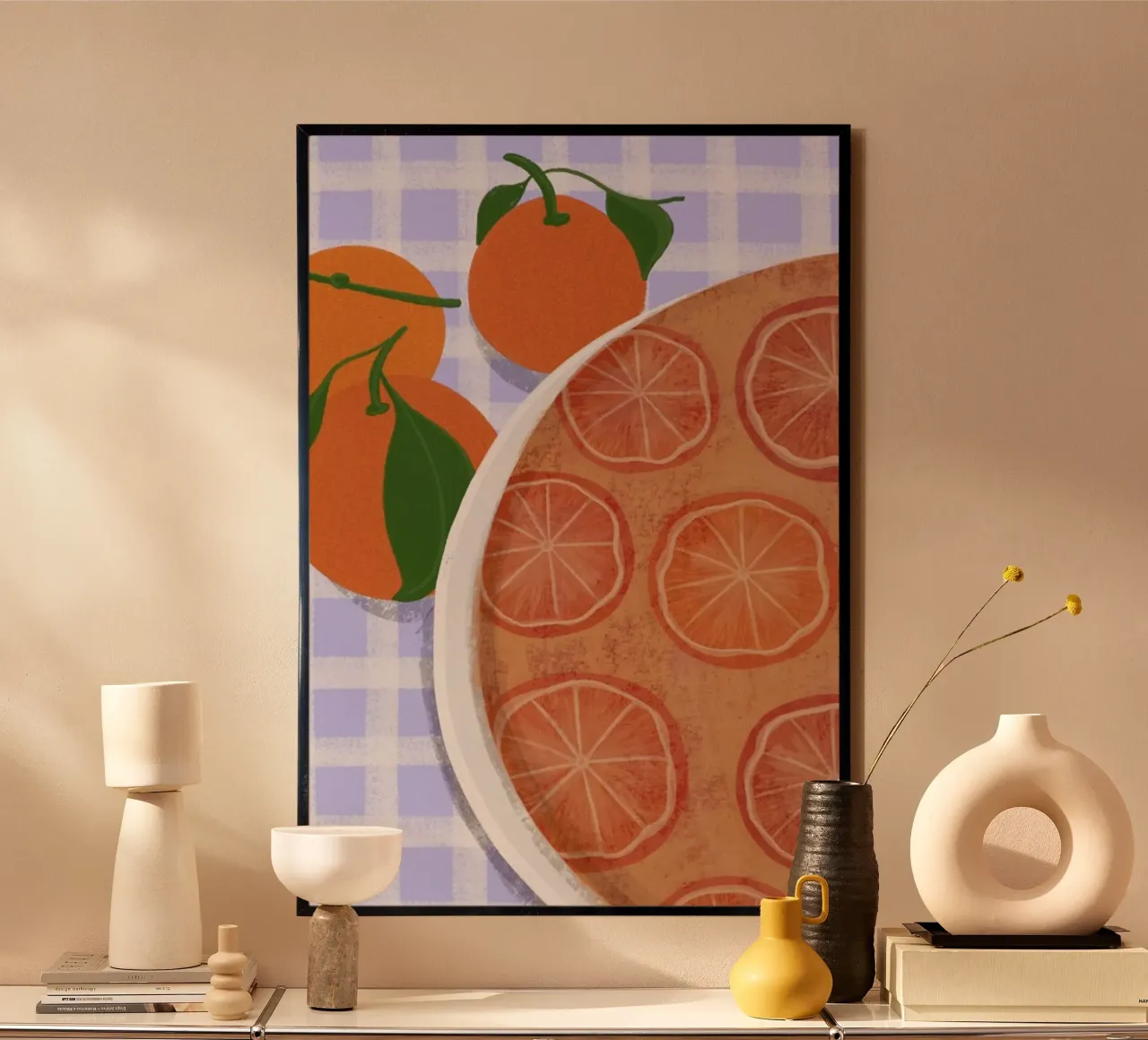 Orange Cake On Blue Tablecloth poster con telaio in plastica da Be Mart
