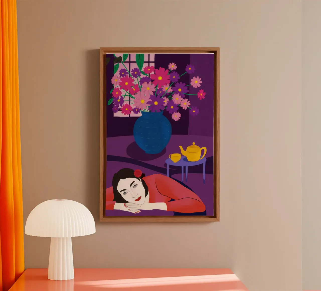 Paarse vaas Stilte canvas met Baklijst van Marigold Tiga